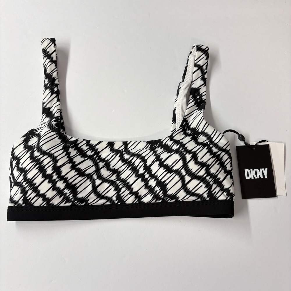 DKNY Women Bikini Top S Small Black White Abstract Print Square Neck NWT Swim